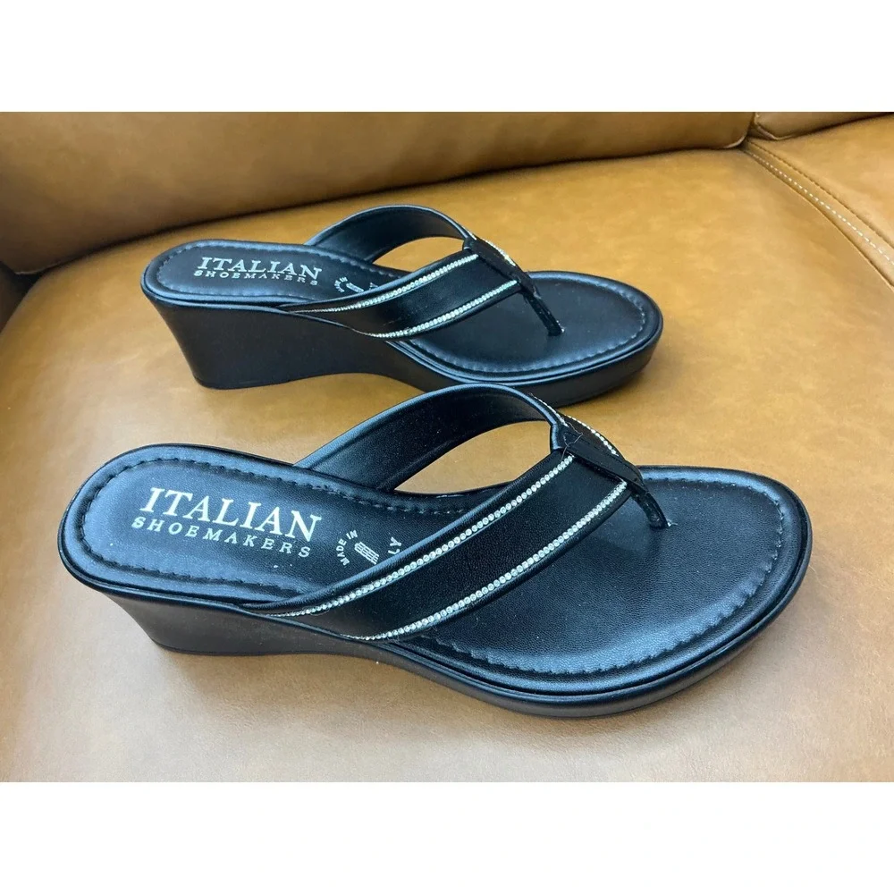 Italian Shoemakers Dorya Wedge Sandals Womens 7 Black Rhinestone Trim